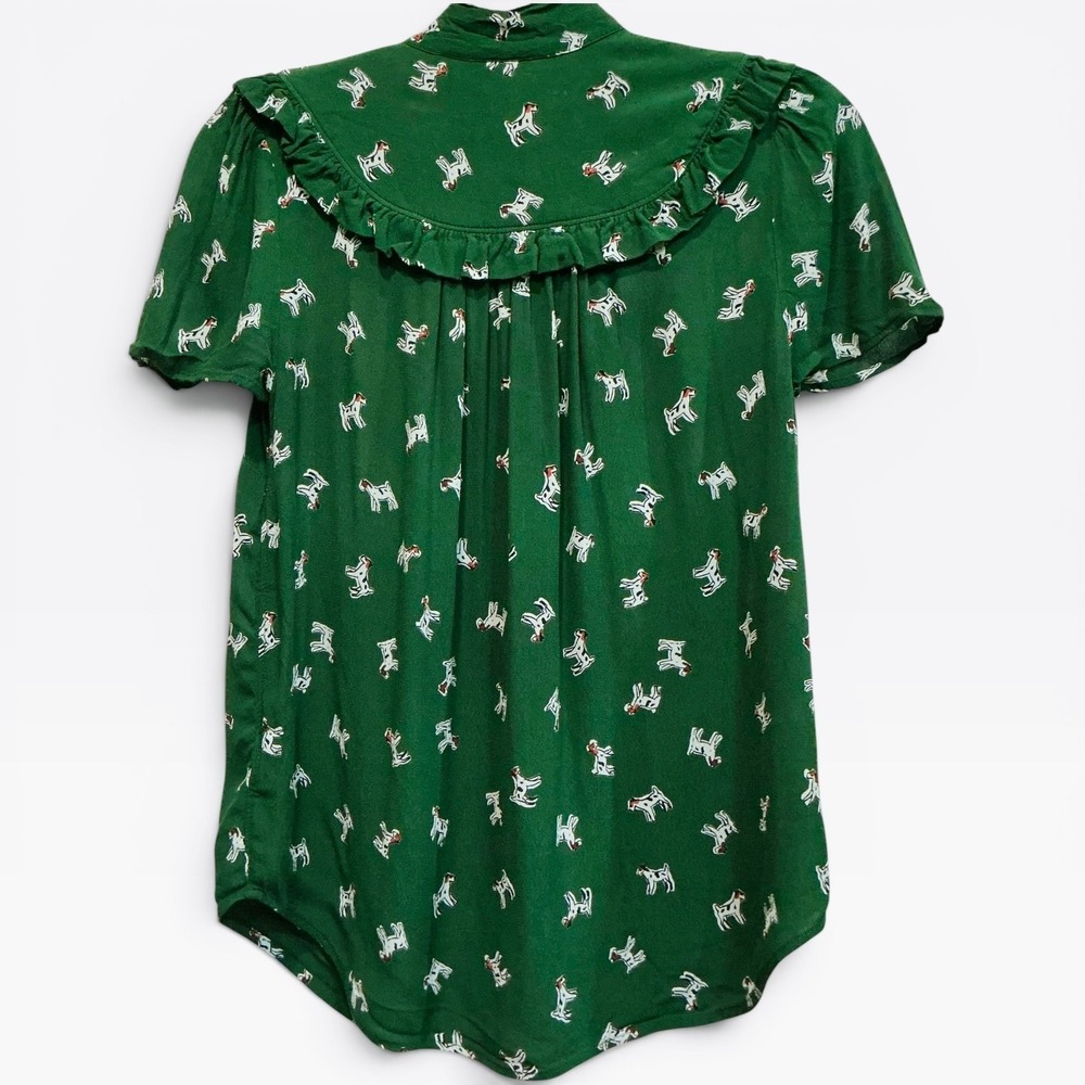Anthropologie Adagio Dog Ruffle Blouse Green Short Sleeve XS Novelty Print - Picture 4 of 6